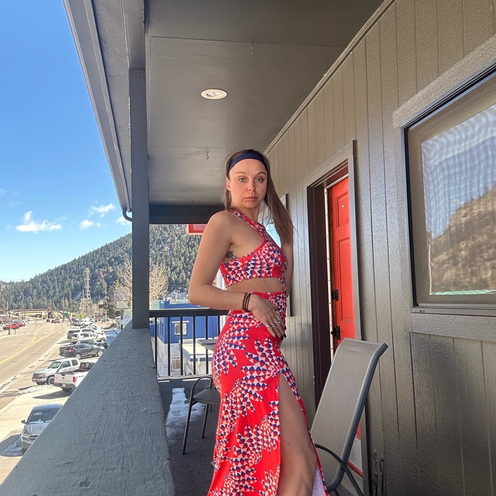 adidas Red Patterned One-Shoulder Cutout Dress - Picture 5 of 10